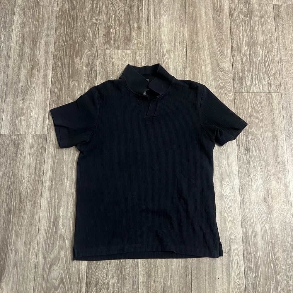 Zara Vertical Textured Polo Shirt Men's Small Black Knit Short Sleeve